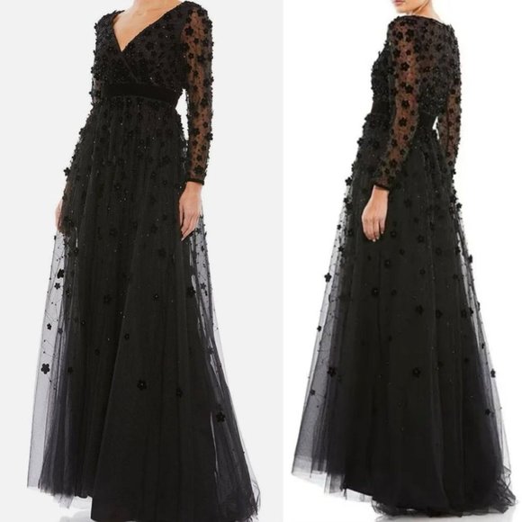 NWT MAC DUGGAL BLACK SZ 2 67502 VELVET‎ FLORAL APPLIQUE TULLE MAXI DRESS $798 - Picture 1 of 7